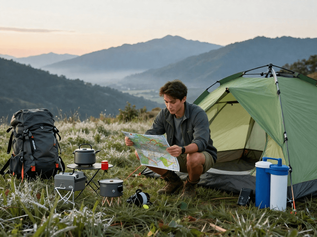 Rokok88 login outdoor camping scene with gear setup and mountain view.