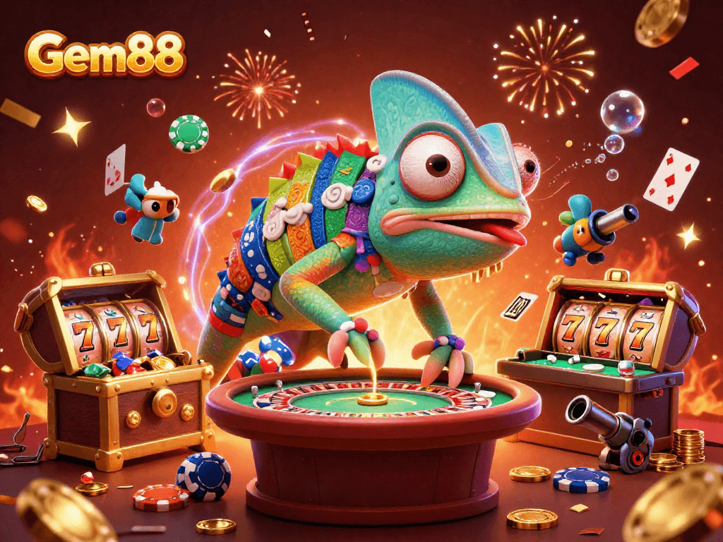 Experience Gem88's vibrant casino world with a chameleon-themed illustration featuring exciting game elements.