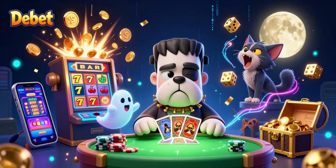 Experience thrilling gaming action with Debet in an enchanting casino scene featuring lively characters.