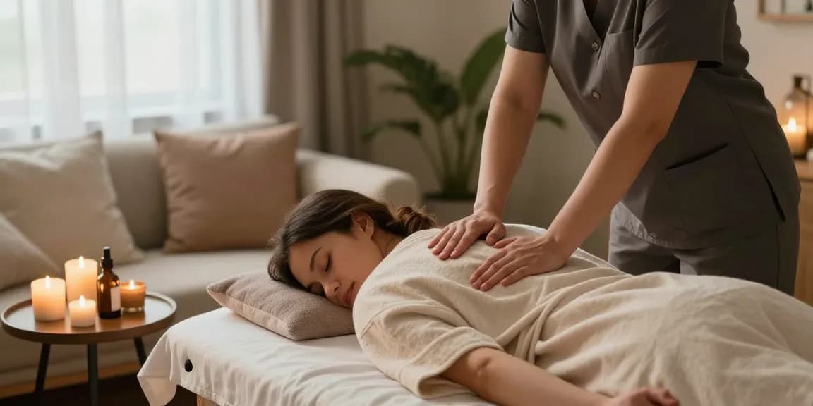 At-home 하남출장안마 service with a professional therapist providing a relaxing massage in a tranquil living room setting.