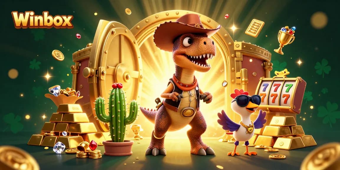 Winbox offers vibrant gaming excitement with cartoon dinosaur characters in an entertaining casino scene.