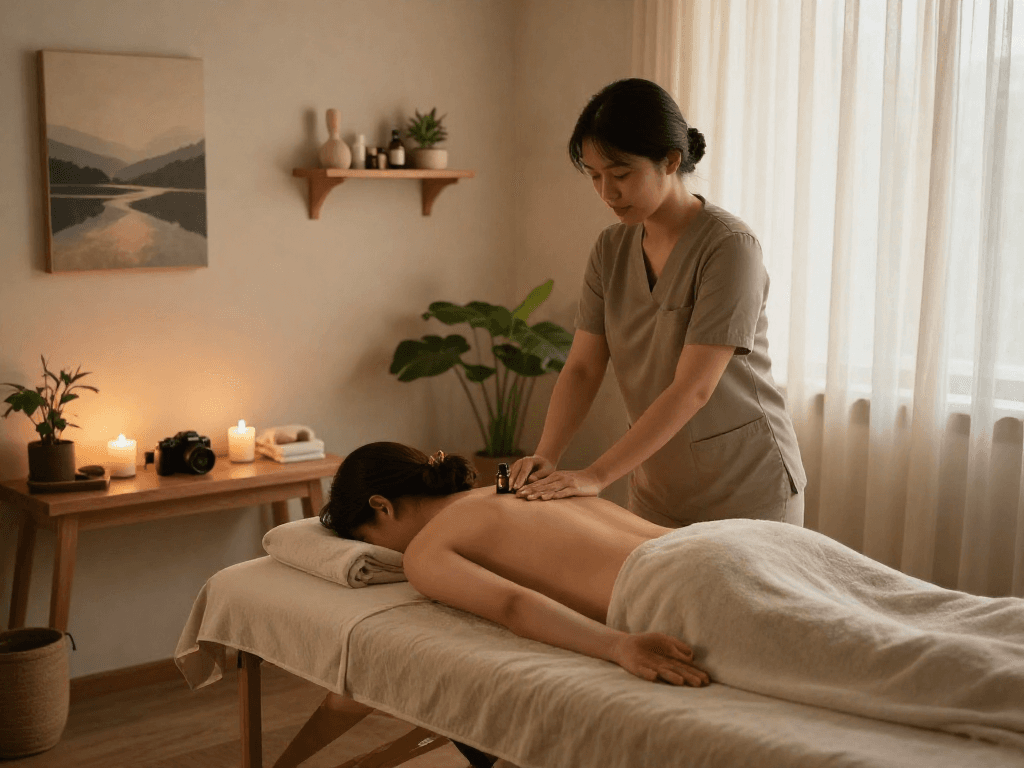 Relaxing 김포출장마사지 scene with a professional masseuse in a tranquil therapy room.