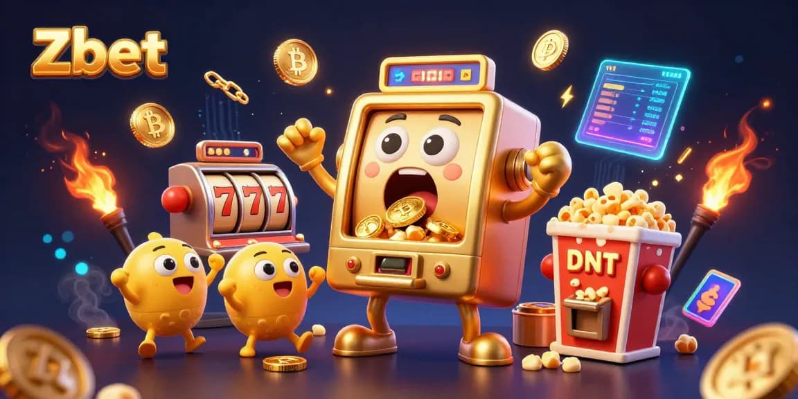 Zbet jackpot celebration with a golden slot machine and cheering baby machines amidst vibrant gaming elements.
