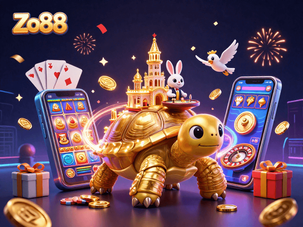 Play exciting games at Zo88 with vibrant casino elements, featuring a tortoise and a rabbit dealer.