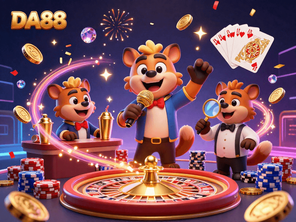 Experience the thrill at DA88’s casino with hyena comedians, bartenders, and bouncers, celebrating with vibrant visuals.