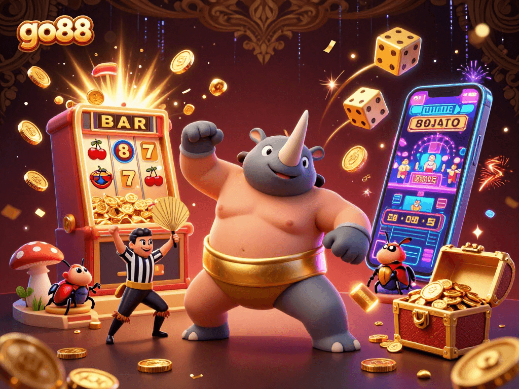 Experience the excitement of go88 with a colorful 3D casino scene featuring a beetle sumo champion and jackpot bursts.