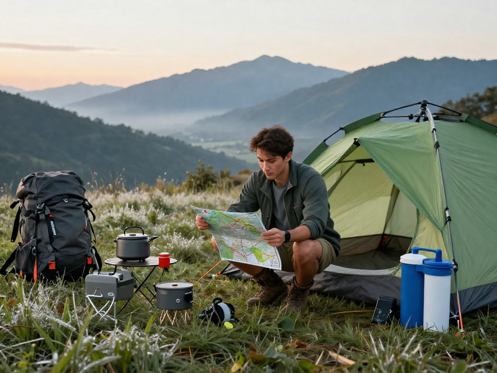 Rokok88 login outdoor camping scene with gear setup and mountain view.