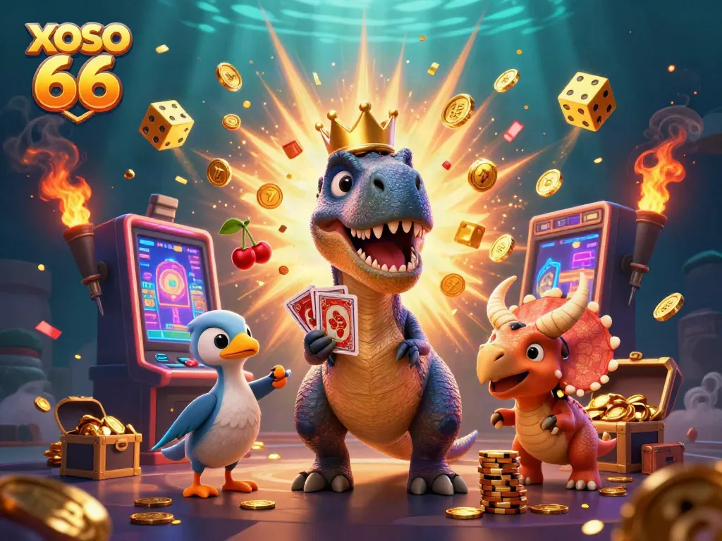 Engage in thrilling gaming with XOSO 66, featuring vibrant casino elements and animated characters.