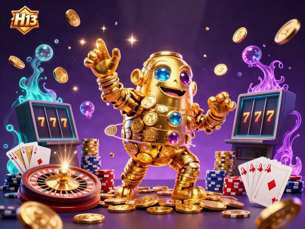 Engage with H 13 for a vibrant gaming experience featuring golden golem, coins, and casino symbols.