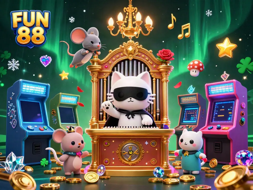 Witness the vibrant FUN 88 casino scene with playful characters and dynamic gaming elements.