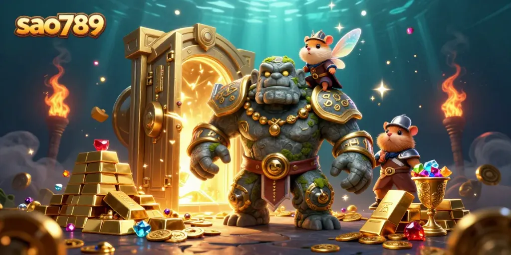 Sparkling treasures emerge as sao789 unveils its magical gaming experience, featuring a heroic golem and friends.