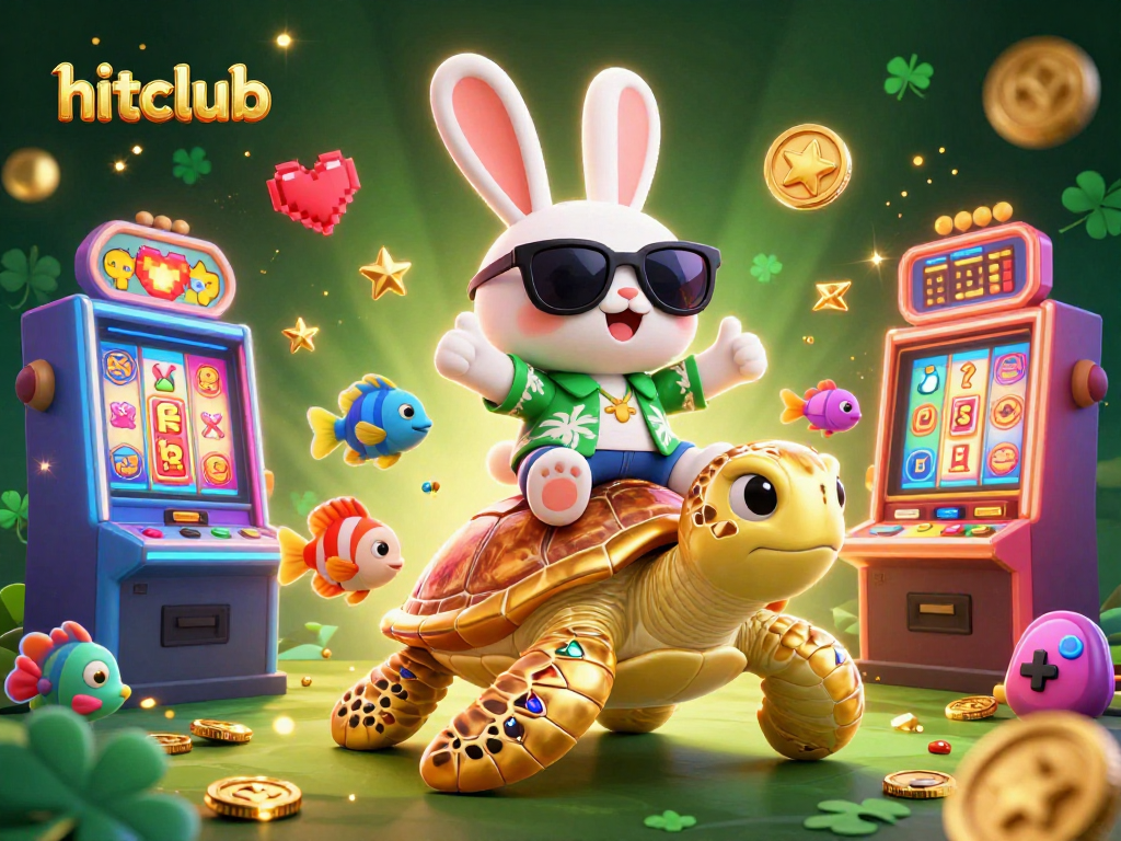Join hitclub's winning journey with our 3D illustration of a lucky rabbit and golden turtle in a vibrant casino scene.