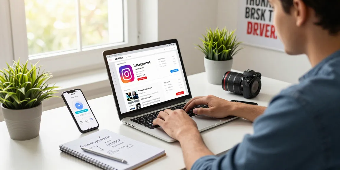 フォロワー購入BANされないための集中した作業環境、デジタルマーケティングのプロがInstagram分析を行うシーン。