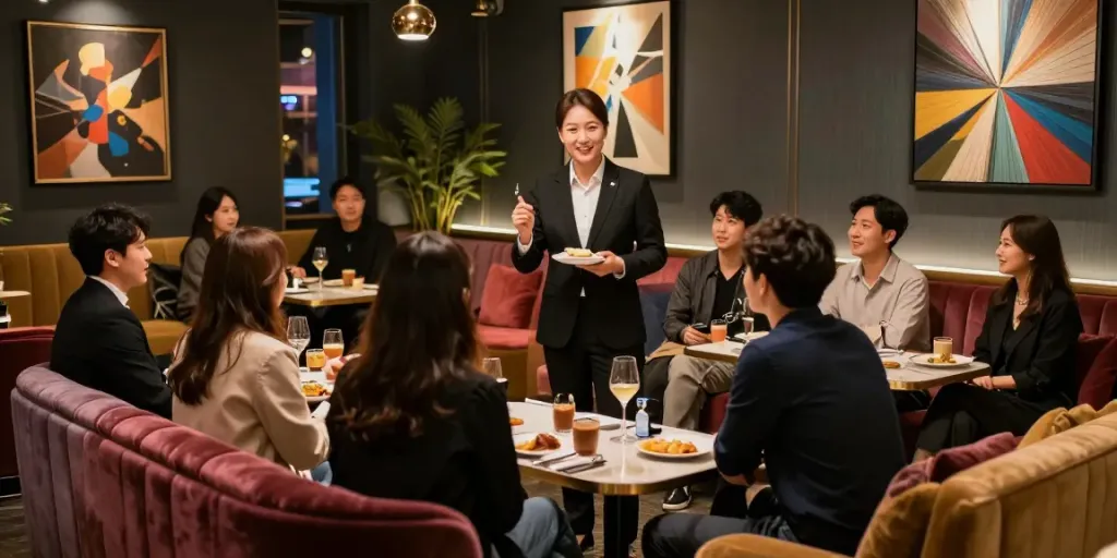 강남 타이밍의 고급스러운 실내 분위기와 고객 대화 모습