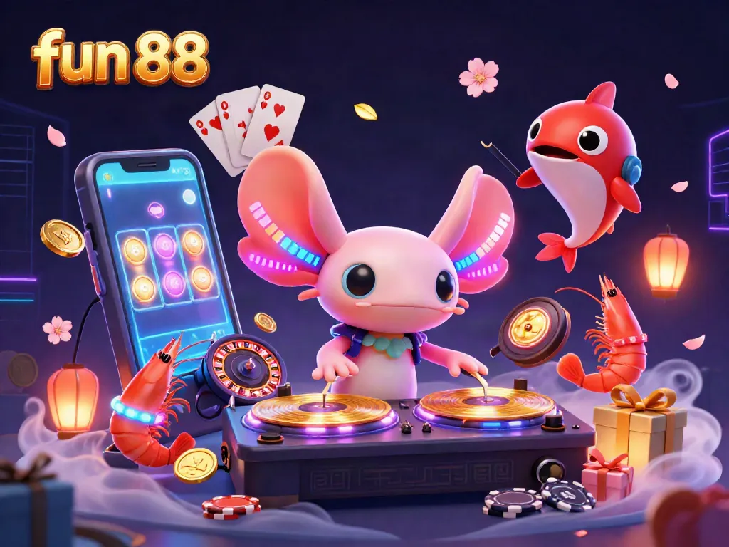 Experience fun 88's vibrant casino energy with a neon-themed DJ axolotl and lively crew.