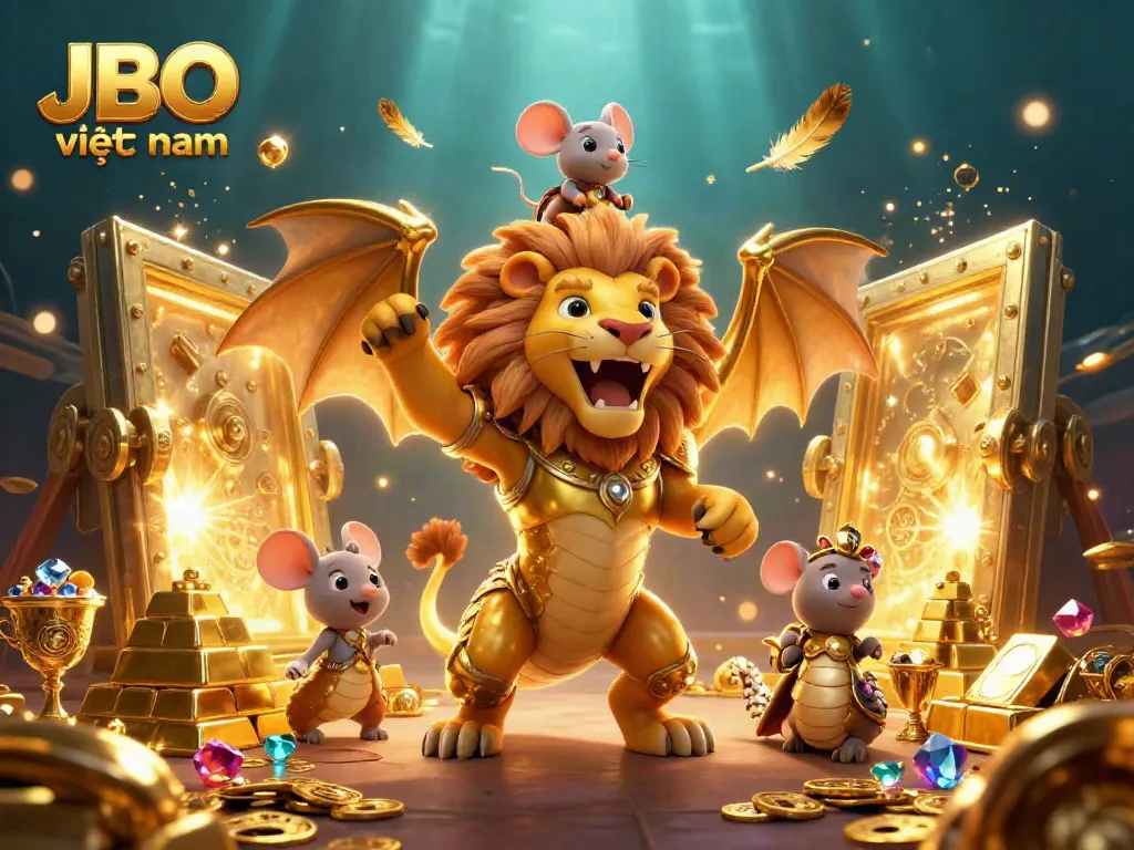 Experience thrilling gaming with JBO việt nam in this vibrant 3D digital illustration showcasing gold treasures and a chimera.