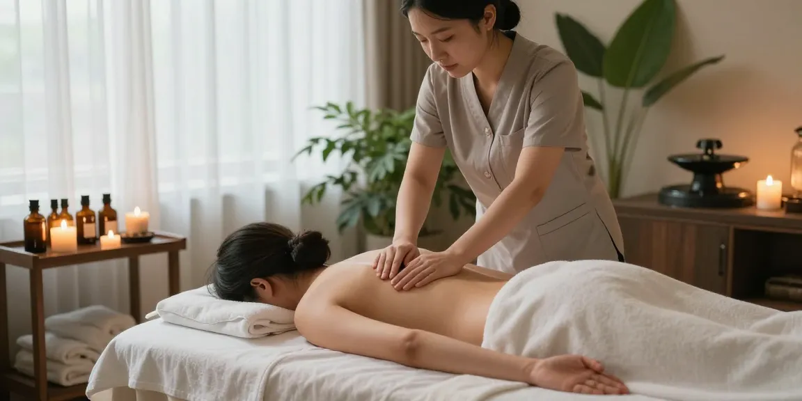 안마와 아로마테라피를 제공하는 스파 환경에서 고객에게 안양출장마사지 중인 전문가의 사진.