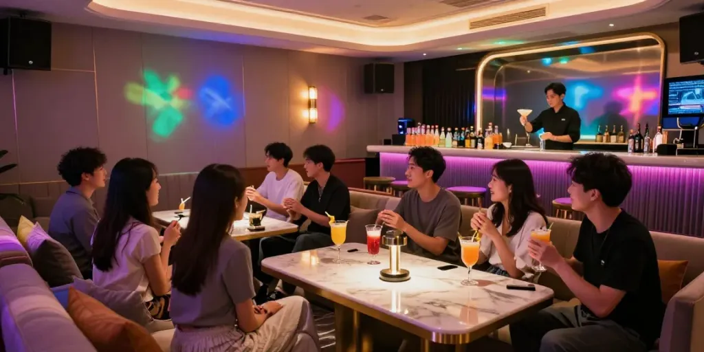 강남유앤미의 고급스러운 분위기에서 손님들이 즐겁게 대화하며 음료를 마시는 모습