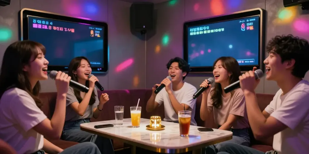 강남도파민에서 친구들이 신나는 노래를 부르고 있는 환상적인 분위기의 가라오케 장면.