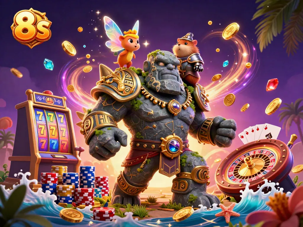 Experience the thrill of casino gaming with 8 S as a golem guardian and fairy cast magical luck.