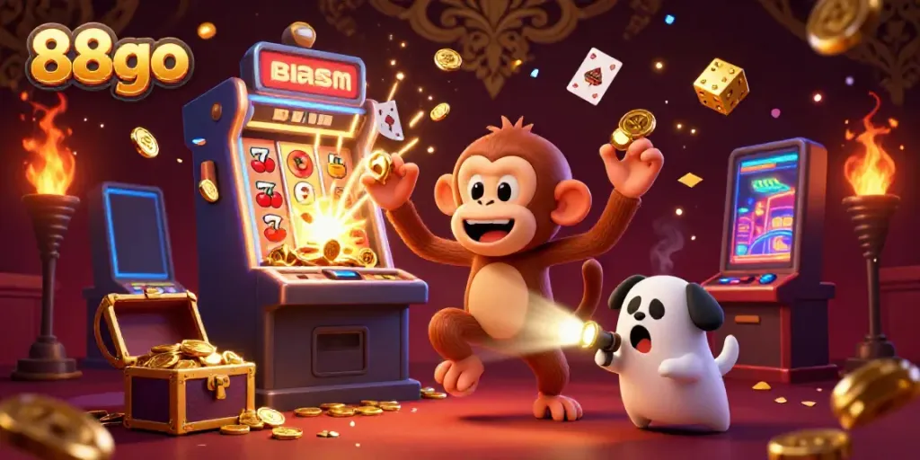 Experience thrilling gameplay with 88go, featuring a playful monkey and puppy in a casino atmosphere.