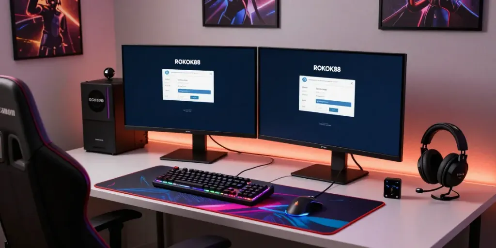 ROKOK88 login interface displayed on a dual monitor gaming setup, featuring gaming peripherals and vibrant ambient lighting.