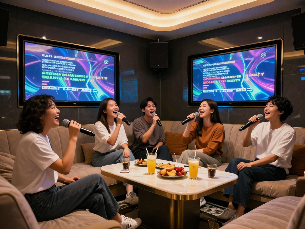 강남엘리트에서 즐거운 시간을 보내는 친구들, 고급스러운 노래방 시설과 세련된 인테리어가 돋보입니다.