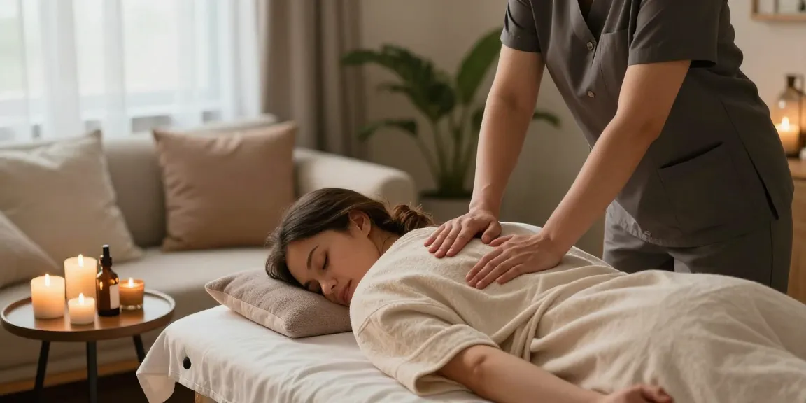 At-home 하남출장안마 service with a professional therapist providing a relaxing massage in a tranquil living room setting.