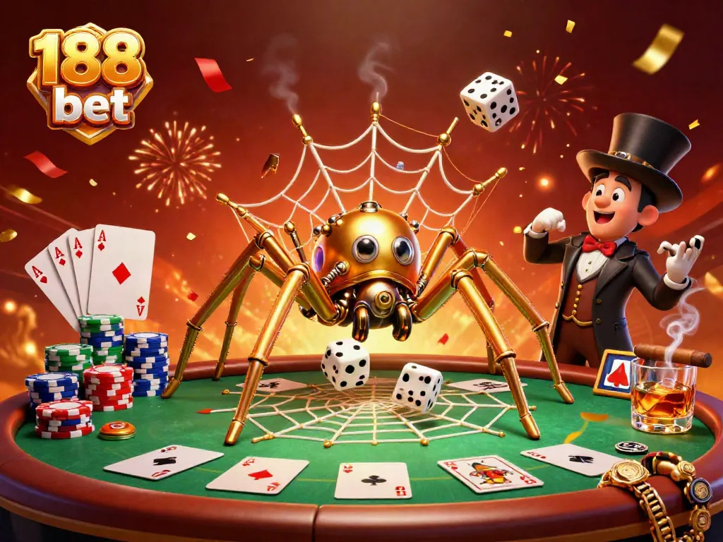 Engage with 188 bet as a golden spider entertains at a bustling poker table, rich in festive detail.