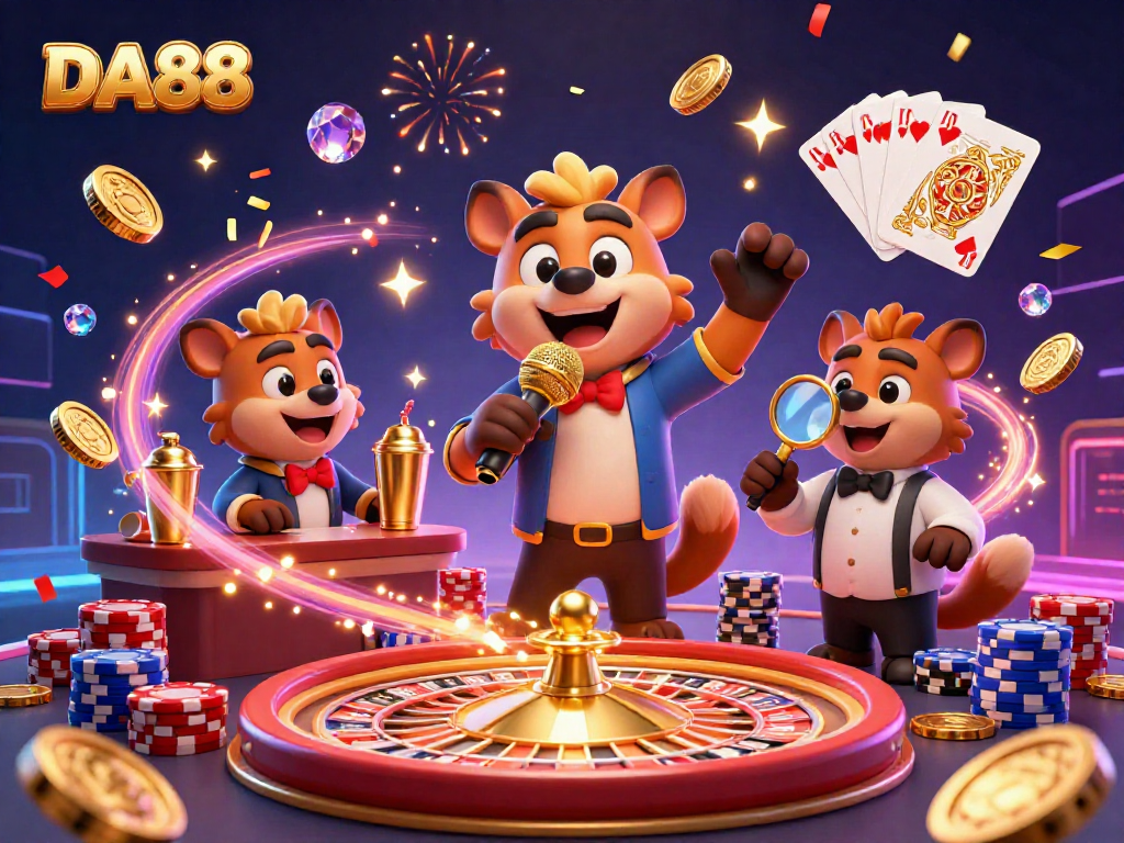 Experience the thrill at DA88’s casino with hyena comedians, bartenders, and bouncers, celebrating with vibrant visuals.