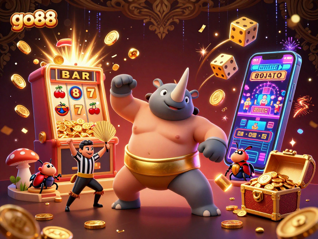 Experience the excitement of go88 with a colorful 3D casino scene featuring a beetle sumo champion and jackpot bursts.