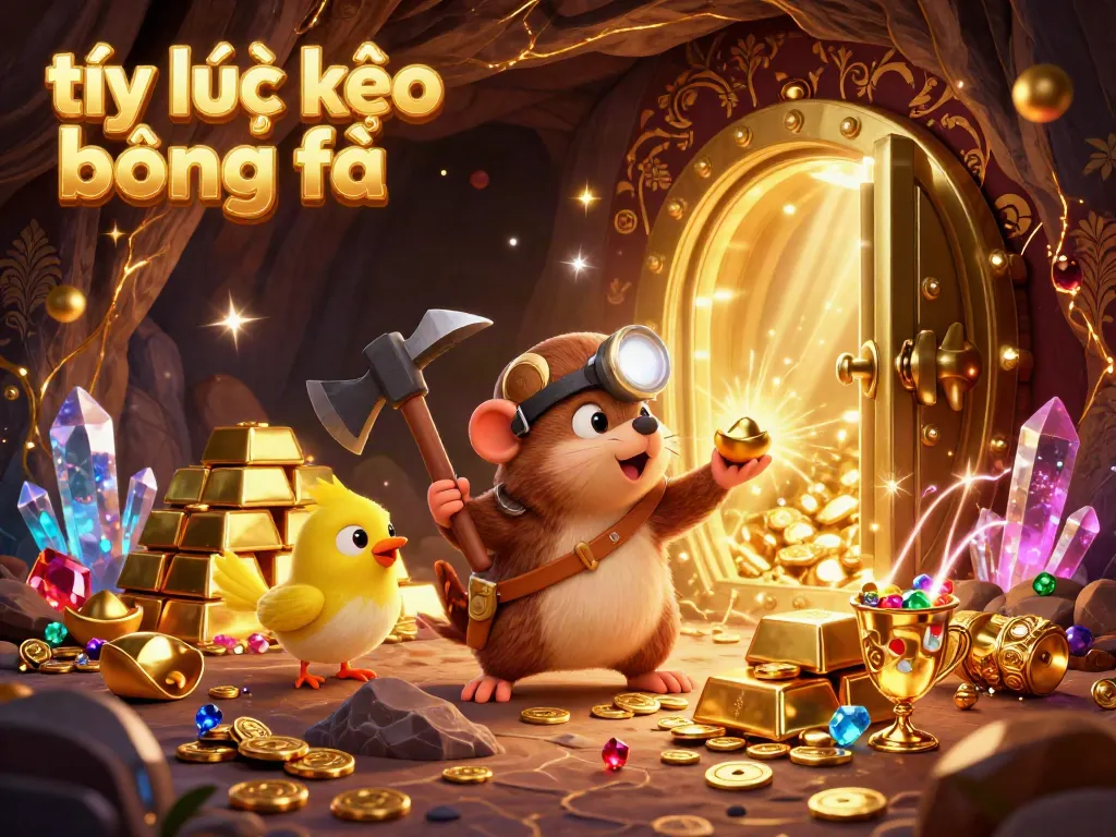Exciting scene depicting tỷ lệ kèo bóng đá with treasure hunter mole in a glowing cave full of gems, surrounded by riches.