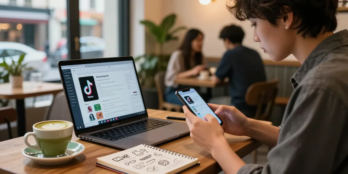 TikTok いいね 購入を検討中の若いインフルエンサーがカフェで作業しているシーン