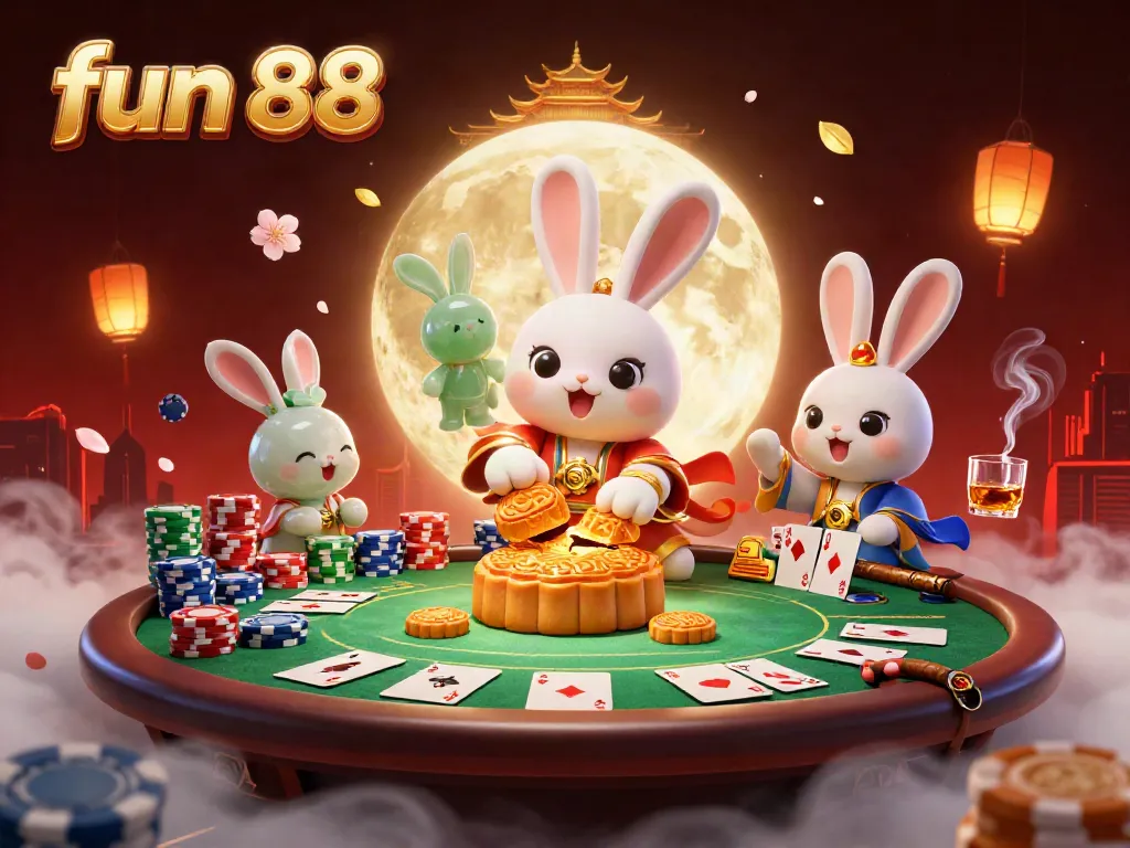 Engage with fun 88 in this lively 3D scene of a moon rabbit revealing poker chips from mooncakes.