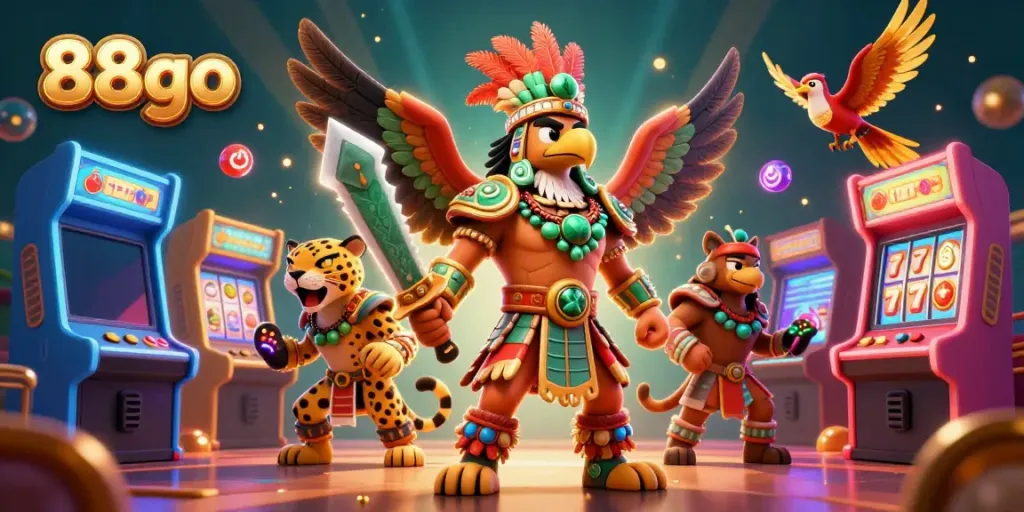 Experience the excitement of 88go with Aztec warriors amidst vibrant casino elements and jackpot excitement.