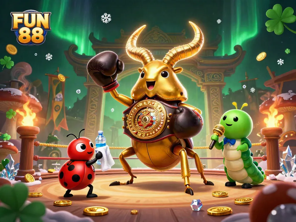 Engage in thrilling gameplay at FUN 88 with an energetic casino scene featuring a golden stag beetle and vibrant tokens.