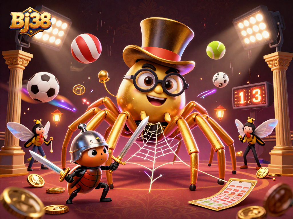 Experience thrilling bets at Bj38 with a vibrant 3D casino scene featuring a golden tarantula and beetle knight.