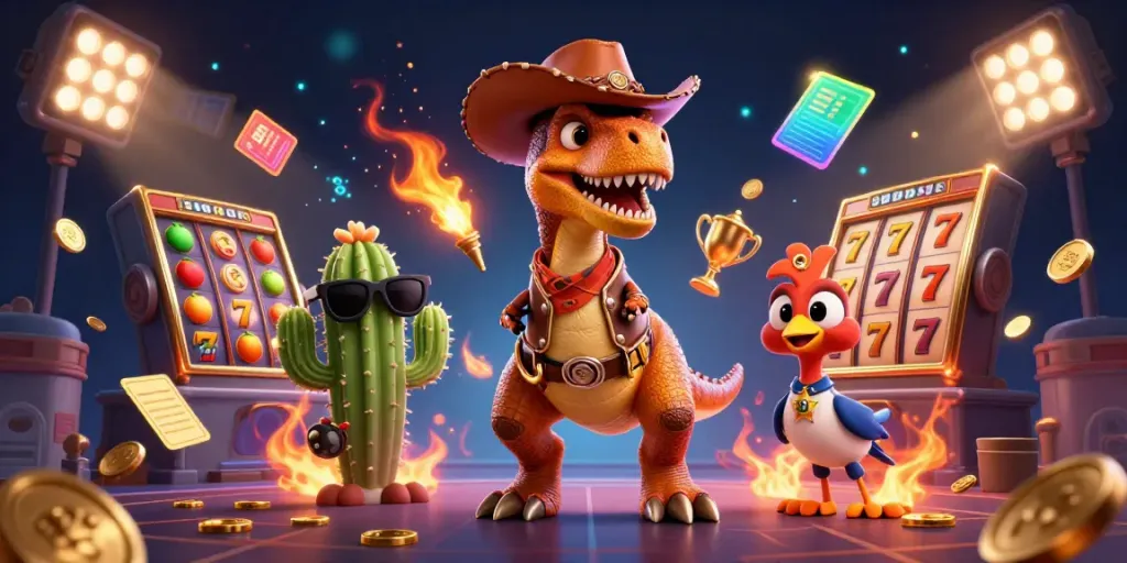 Experience thrilling gaming action with EE 88 as the cartoon dinosaur, cactus, and roadrunner celebrate wins in this lively casino illustration.