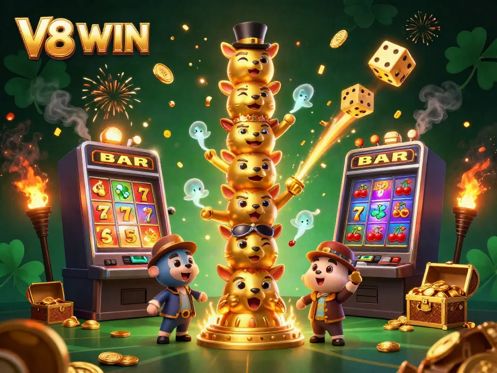 Experience the thrill of winning at V8 WIN with vibrant 3D casino elements, including jackpots and dynamic characters.