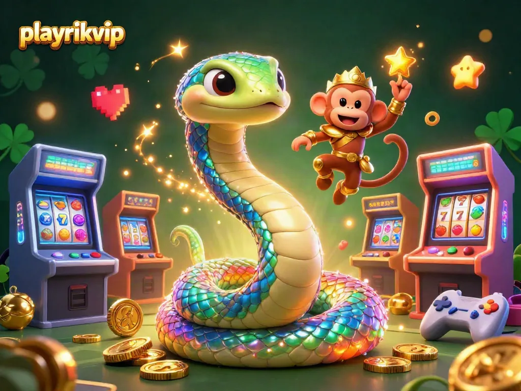 Experience playrikvip's vibrant gaming scene with magical elements and captivating casino icons.