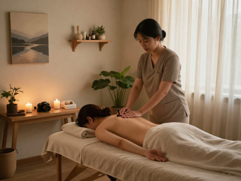 Relaxing 김포출장마사지 scene with a professional masseuse in a tranquil therapy room.