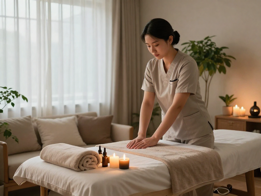 Experience 김포출장마사지 in a serene home setting with a professional therapist preparing for a calming massage.