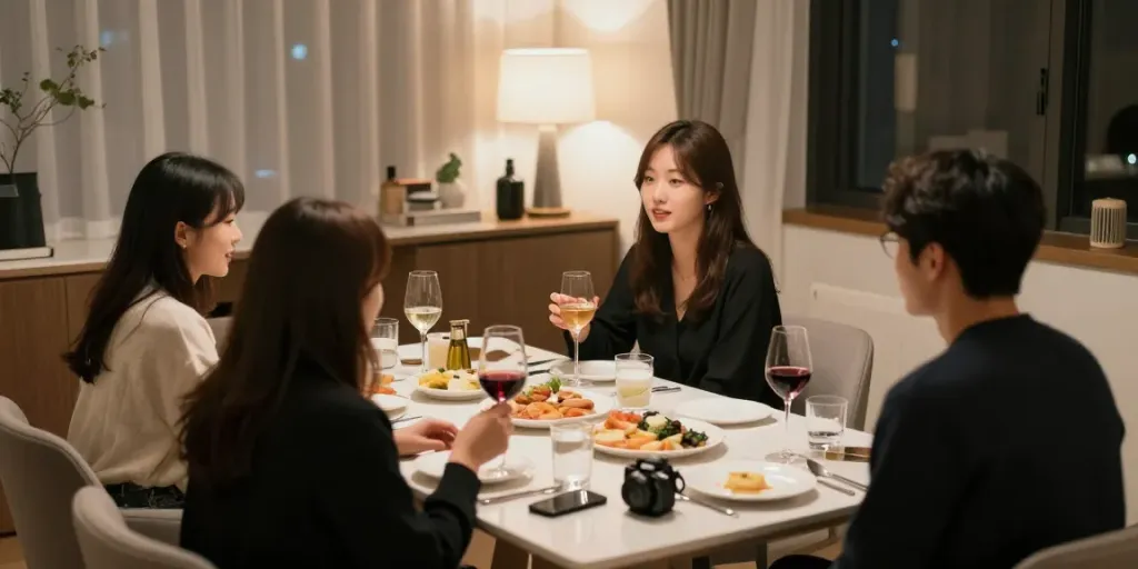 강남달토의 아늑한 사적 공간에서 친구들과의 모임, 따뜻한 조명이 있는 테이블 세팅의 모습.