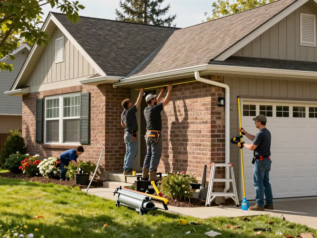 Professional team installing Spokane gutters on a suburban home, showcasing craftsmanship and tools.