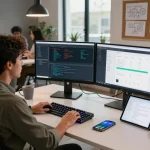 Developer utilizing clawdbot ai in a modern workspace with dual monitors and a collaborative atmosphere.