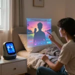 Couple exploring ai sex in a modern, intimate bedroom with holographic tech