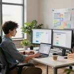 Dynamic workspace highlighting tech gadgets for productivity with monitors, stationery, and a professional atmosphere.