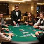 LC88 VIP gaming area showcasing professional poker gameplay with elite players in a luxurious casino setting