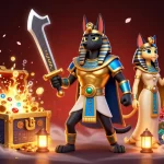 Spin to win with 78Win's vibrant casino digital art of Anubis and Bastet amid treasure.