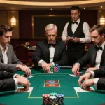 Engaged players at a qq8827 poker game strategy session, dramatic casino atmosphere.